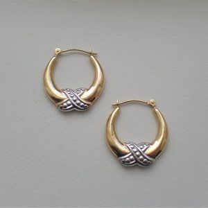 Vintage Designer Solid 14k Two Tone Yellow White Gold Hoop Pierced Earrings